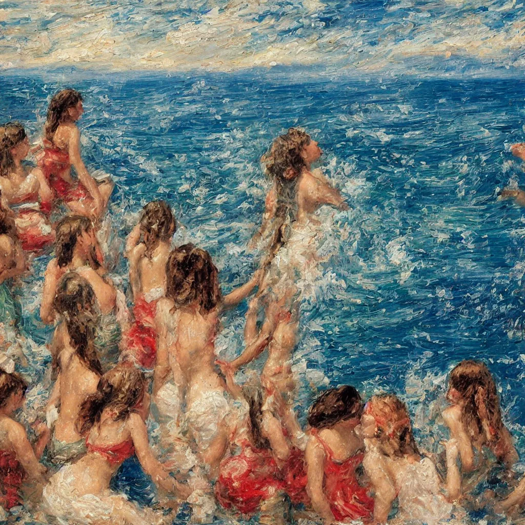 Image similar to 3d high relief painting of lots of girls in the sea at Amalfi, sea level view point painted in the style of the old masters, painterly, thick heavy impasto, expressive impressionist style, painted with a palette knife