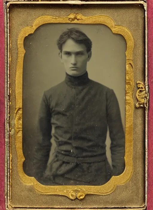 Image similar to tintype photo of alyosha karamazov, handsome innocent young russian man, by julia margaret cameron 1 8 8 0 s, realistic, body shot, sharp focus, 8 k high definition, insanely detailed, intricate, elegant