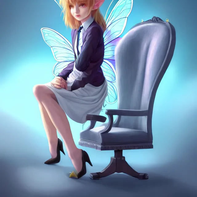 Prompt: epic professional digital art of a tiny fairy in a business shirt and skirt, sitting in an enormous chair at an enormous desk, best on artstation, cgsociety, wlop, Behance, pixiv, astonishing, impressive, outstanding, epic, cinematic, stunning, gorgeous, breathtaking fantasy art, masterpiece.