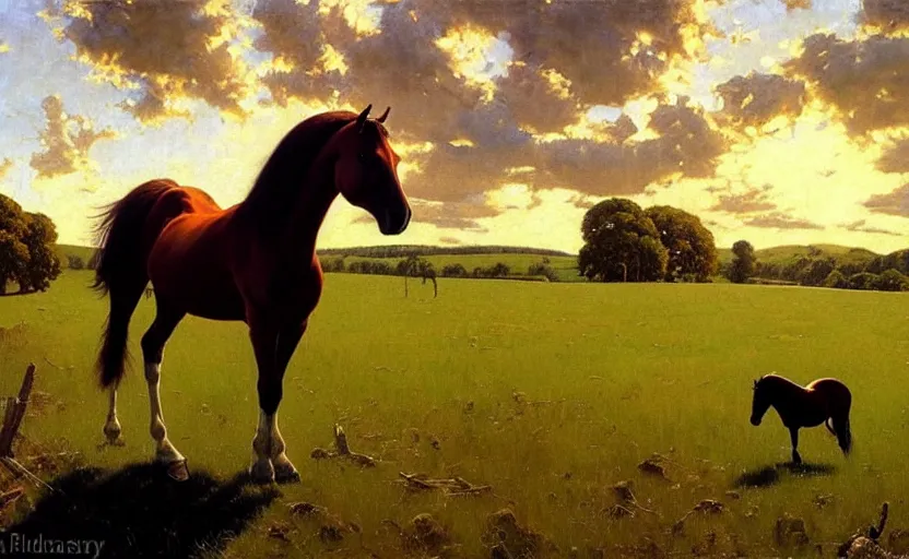 Image similar to a masterpiece oil painting of a horse backlit in a pasture. ultra wide angle, fantasy art, norman rockwell, alex ross, heroic lighting, romance novel cover, very very very beautiful raytraced rendering