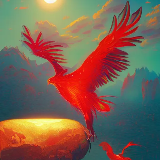 Prompt: the solarpunk phoenix, optimistic, red bird, ornate egg, regeneration, landscape, epic composition, volumetric light, bokeh, painting by ilya kuvshinov and by makoto shinkai