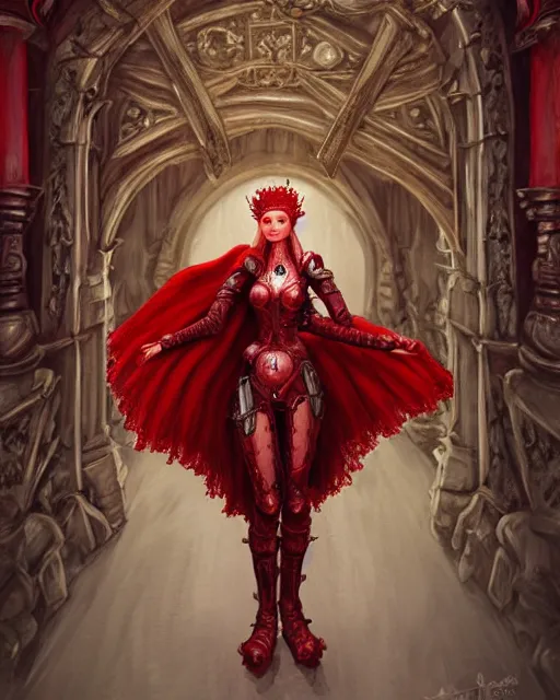 Image similar to redhead queen knight in red armor, inside grand hall in castle with rococo aesthetic, crown of roses, scarred face, elden ring, intimidating, high fantasy, intricate detail, digital painting, artstation, concept art, smooth, sharp focus, illustration, art by yoshitaka amano and monia merlo and wlop and artgerm