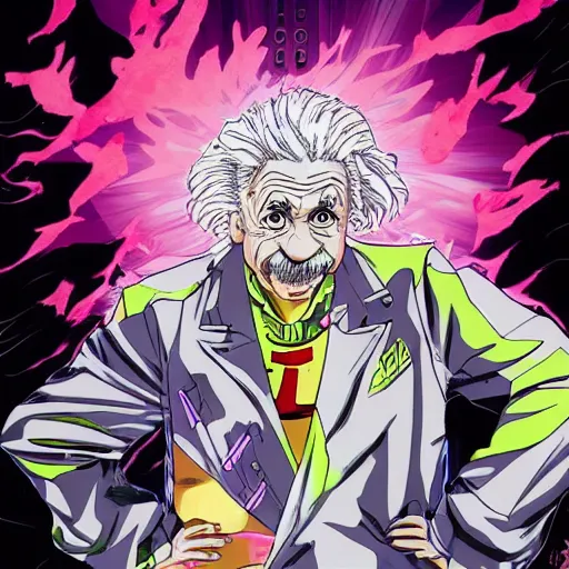 Image similar to Albert Einstein unvieled as new Jojo\'s Bizarre Adventure character, Hirohiko Araki, masterpiece, beautiful, clean lines, dramatic pose, artstation, high resolution scan, Hirohiko Araki, Hirohiko Araki