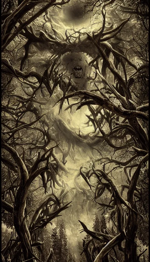 Image similar to a storm vortex made of many demonic eyes and teeth over a forest, with octane