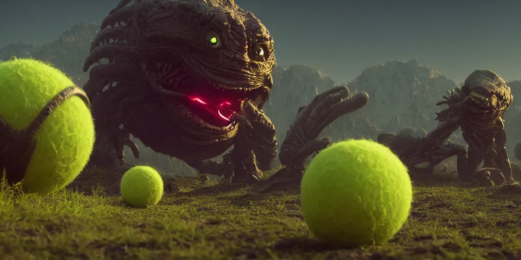 Image similar to a cinematic poster photo of 8 k ultra realistic tennis ball monsters, exotic, cinematic lighting, trending on artstation, 4 k, hyperrealistic, focused, high details, unreal engine 5, cinematic, alien planet atmosphere in background, 3 d render by beeple