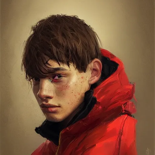 Image similar to Portrait of a man by Greg Rutkowski, he is about 20 years old, french features, attractive, short brown hair with bangs, athletic and strong, gallant, childhood friend vibes, he is wearing red and black utilitarian jumpsuit, highly detailed portrait, digital painting, artstation, concept art, smooth, sharp foccus ilustration, Artstation HQ.