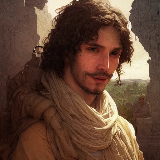 Prompt: Portrait of handsome peasant boy, cinematic lighting, intricate, rugged, highly detailed, digital painting, artstation, smooth, sharp focus, illustration, art by artgerm and greg rutkowski and alphonse mucha and Wayne Barlowe and william-adolphe bouguereau