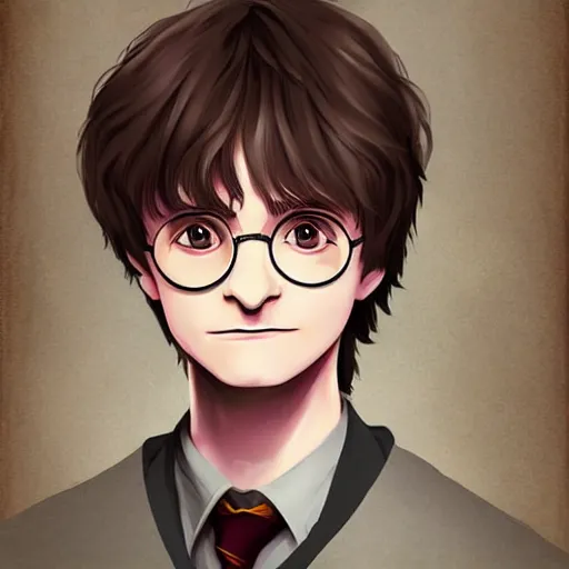 Prompt: portrait of harry potter in anime style, highly detailed, centered, solid color background, digital painting