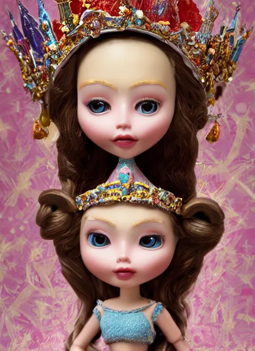Image similar to closeup face profile portrait of a tin toy fairytale princess wearing a crown eating cakes in the castle, bikini, depth of field, zeiss lens, detailed, symmetrical, centered, fashion photoshoot, by nicoletta ceccoli, mark ryden, lostfish, breathtaking, 8 k resolution, extremely detailed, beautiful, establishing shot, artistic, hyperrealistic, octane render