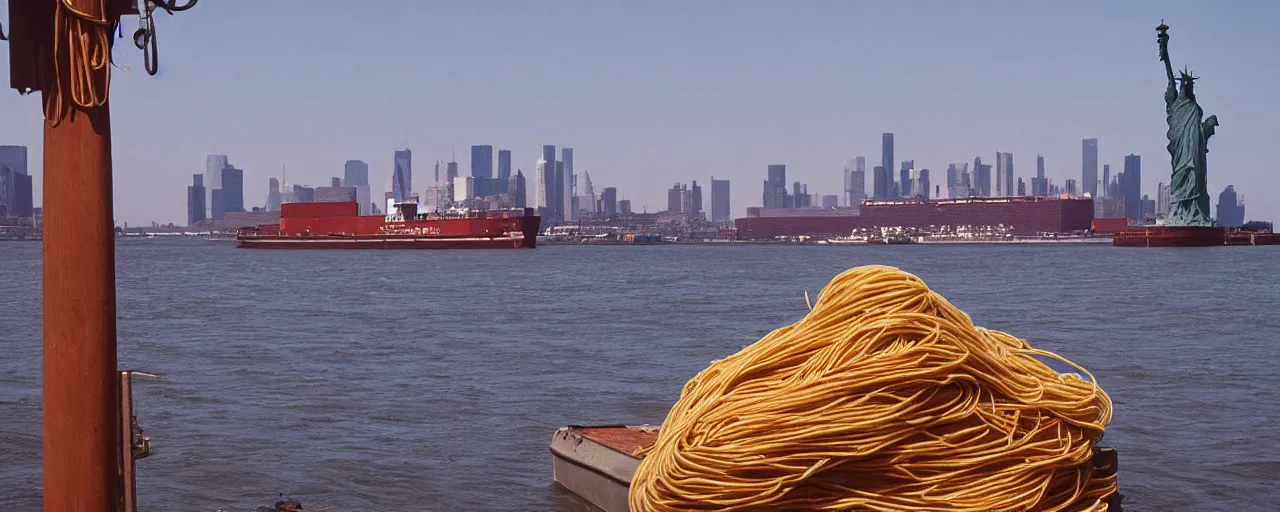 Image similar to a cargo ship transporting spaghetti in hudson river, background of the statute of liberty, canon 5 0 mm, photography, film, kodachrome