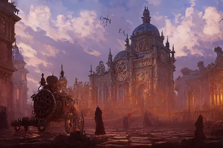 Image similar to an ornate baroque church with chain wheels, mortal engines, scene in an open field. key visual, conceptart, ambient lighting, highly detailed, digital painting, artstation, concept art, sharp focus, by makoto shinkai and akihiko yoshida and greg manchess