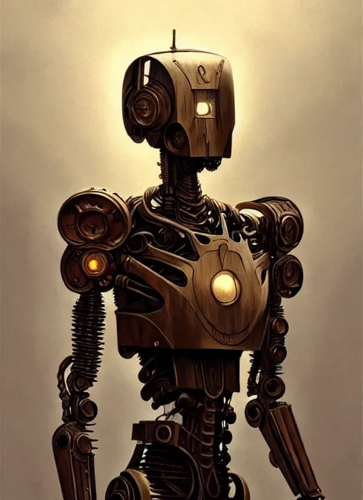 Image similar to wooden robot, metal, cinematic lighting, fantasy, warforged, intricate, highly detailed, lifelike, photorealistic, digital painting, artstation, illustration, concept art, sharp focus, art by john collier and albert aublet and krenz cushart and artem demura and alphonse mucha