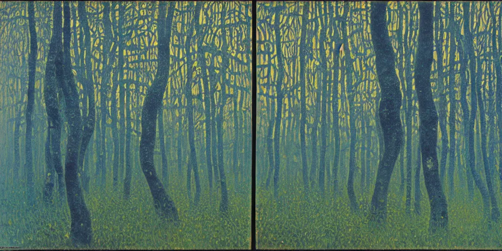 Prompt: a dark foggy golden blue forest, Tarkovsky style, eerie, pulsating , Ernst Haeckel, Klimt, Henri Rousseau