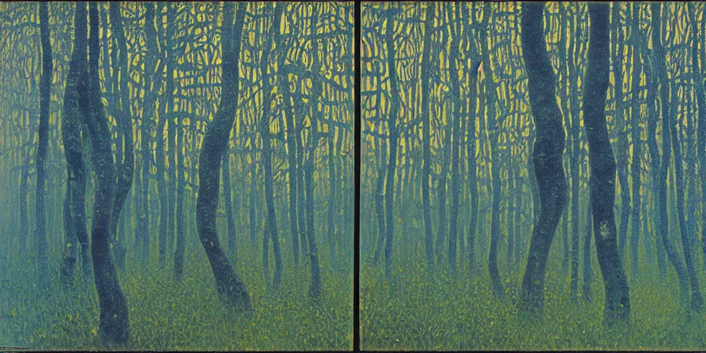 Image similar to a dark foggy golden blue forest, Tarkovsky style, eerie, pulsating , Ernst Haeckel, Klimt, Henri Rousseau