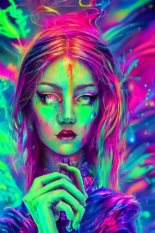 Prompt: a beautiful girl engulfed in colorful neon liquid clouds and neon smoke, a colorful psychedelic experience, psilocybin, dmt, lsd, face, highly detailed, artstation, concept art,, sharp focus, digital art by hana yata, and artem demura and beeple, lisa frank, octane render, unreal engine, 8 k