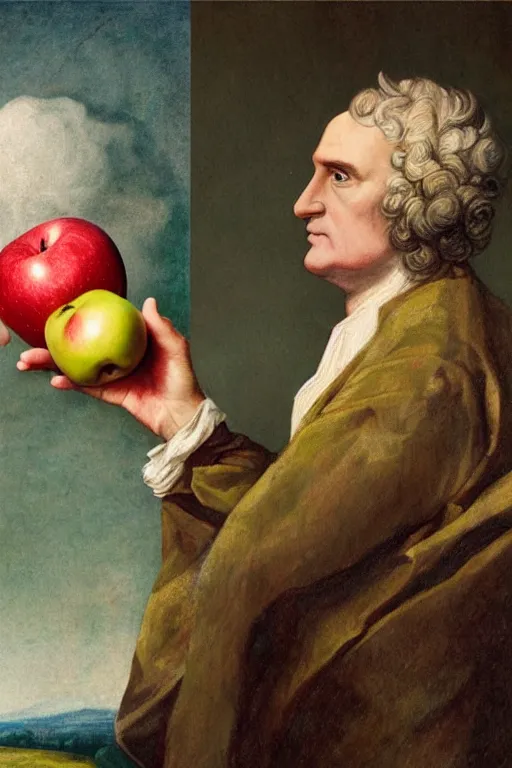 Image similar to isaac newton holding an apple, collage