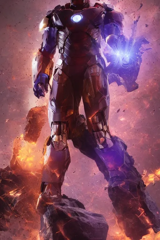 Image similar to thanos in a damaged and broken iron man suit, cinematic, volumetric lighting, f 8 aperture, cinematic eastman 5 3 8 4 film, photorealistic