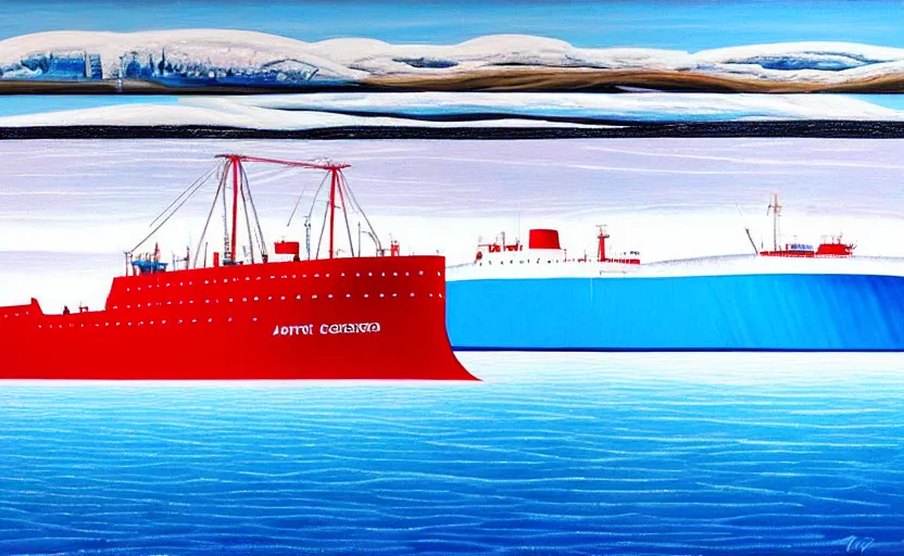 Prompt: a surreal colourful painting of arctic ice breaker going through ice field with epic cracks