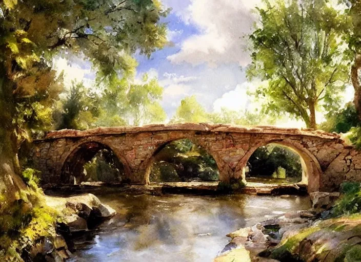 Image similar to watercolor of rustic stone bridge with mural, ivy, summer daylight, bright clear day, clouds, high detailed art by dennis miller bunker, work by anders zorn, wonderful masterpiece by greg rutkowski, beautiful cinematic light, american romanticism by greg manchess, creation by tyler edlin