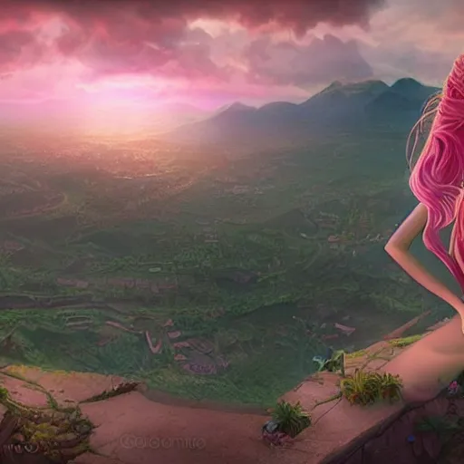 Image similar to Pink Vapor Enchantress Overlooking her Village, illustration, digital art, illustration, artgerm, cgsociety, fantasy, magic