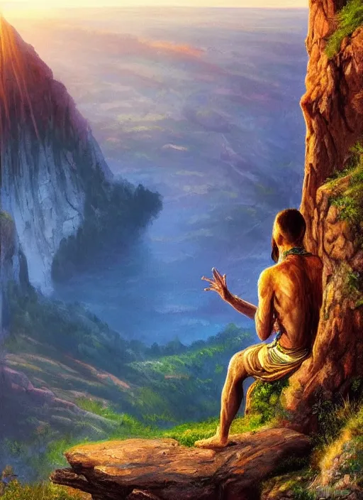 Image similar to an shaman sitting at the top of a cliff, looking down at the valley, doing a vision quest, beautiful sunset, dramatic lighting, fantasy art, smooth matte painting