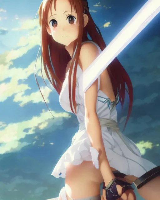 Image similar to photo of asuna from sao, asuna by a - 1 pictures, by greg rutkowski, magali villeneuve, gil elvgren, alberto vargas, earl moran,, art frahm, enoch bolles, glossy skin, pearlescent, anime, maxim magazine,