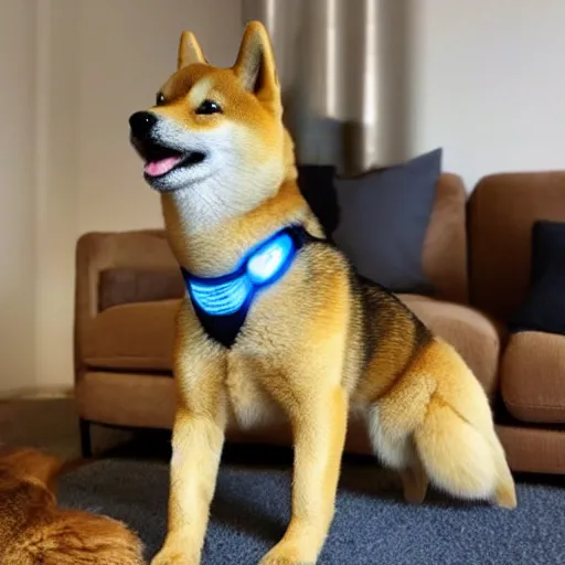 Image similar to doge the shiba - inu as a metallic cyborg, in a sunny suburban living - room.