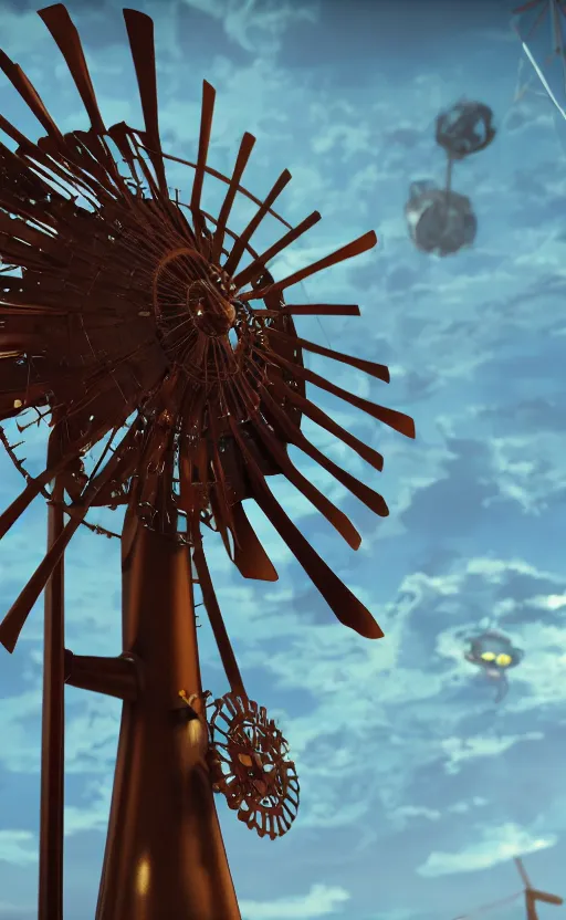 Prompt: a steampunk windmill, zoomed in, spinning fast, robot, blue fire, electricity lightning, concept art, sharp focus, intricate details, very high details, photorealistic, disney pixar, octane render, iridescent, anime, 8 k