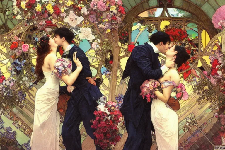 Prompt: the groom kisses the bride at a wedding full of flowers, bright and happy, dreamlike art, highly detail, 4 k realistic, wedding photoy krenz cushart. artem demura. alphonse mucha. yoji shinkawa artgerm. jon lothian. danilo torres. adi meyers. thomas reimann. gaston bussiere.