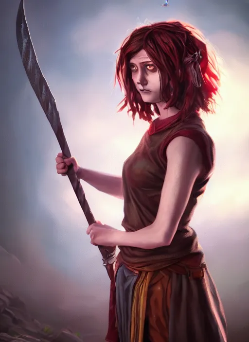 Image similar to an epic fantasy comic book style portrait painting of a girl with short straggly hair, low lethargic insouciance voice with a drawl wearing a ragged dress, unreal 5, daz, hyperrealistic, octane render, cosplay, rpg portrait, dynamic lighting