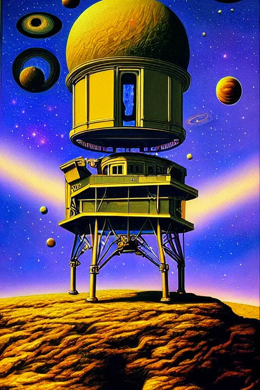 Image similar to a hyperrealistic painting of an ornate observatory resting on the cliff of an alien terrain, telescope pointing towards space galaxies and stars by chris cunningham and richard corben, highly detailed, vivid color,