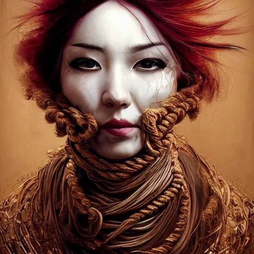 Prompt: portrait of a Shibari rope wrapped face and neck, headshot, insanely nice professional hair style, dramatic hair color, digital painting, of a old 13th century, traveler, amber jewels, baroque, ornate clothing, scifi, realistic, hyperdetailed, chiaroscuro, concept art, art by Franz Hals and Jon Foster and Ayami Kojima and Amano and Karol Bak,