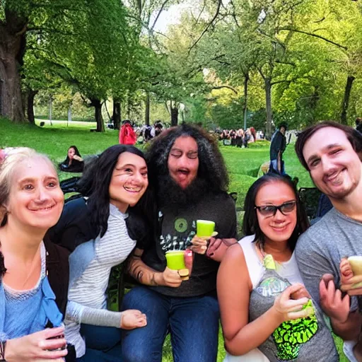 Prompt: A meetup of vegan friends in a park with vegan food