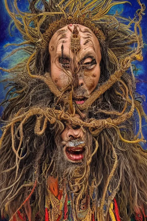 Image similar to a high hyper - detailed painting with complex textures, of an oriental shaman with tangled hair and a terrifying mask, wears a tunic vs. barefoot and has a cane, he is performing a ritual to access the world of imagination and dreams, cosmic horror spiritual visionsrio psychedelic weird bizarre art