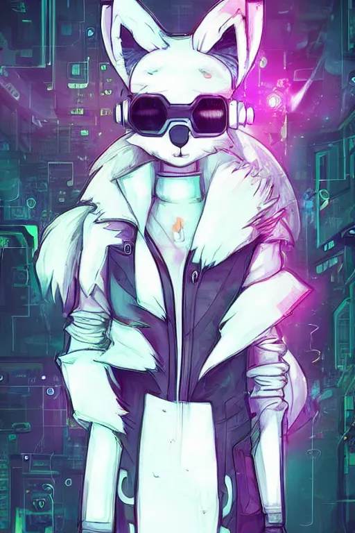 Image similar to a cute cyberpunk anthropomorphic fox with a fluffy tail, comic art, trending on furaffinity, cartoon, kawaii, backlighting, furry art!!!, warm light, concept art, glitch art