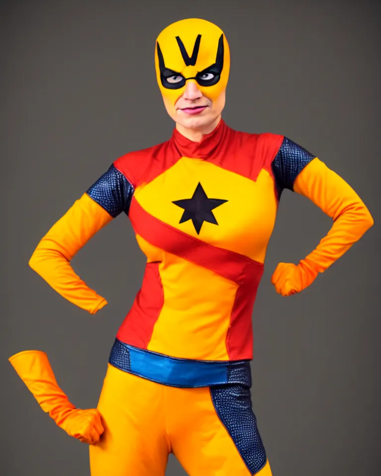 Prompt: new marvel superhero captain marigold, orange and yellow costume, centered zoomed out