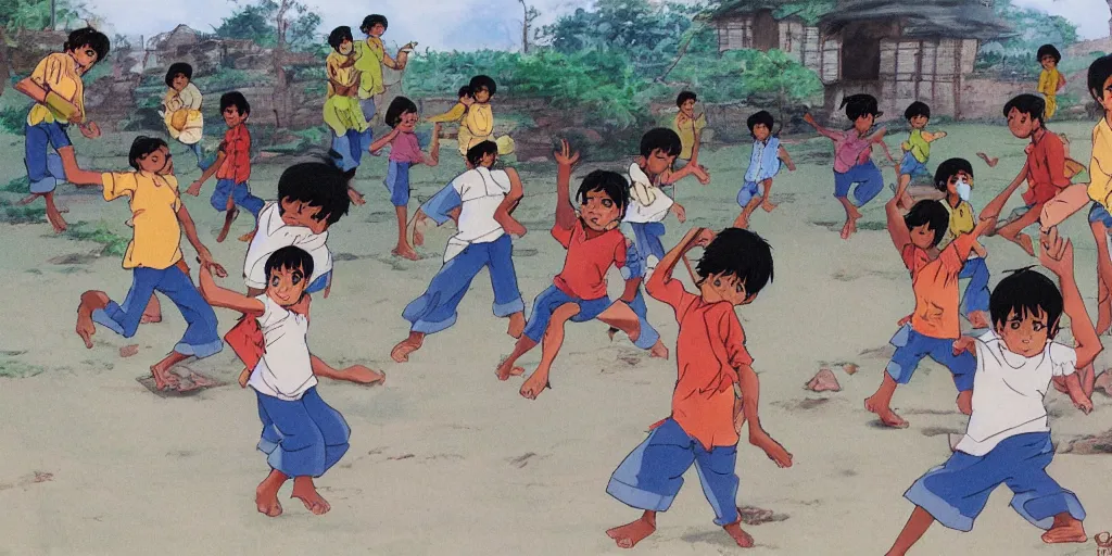 Image similar to sri lankan kids playing, drawn by hayao miyazaki