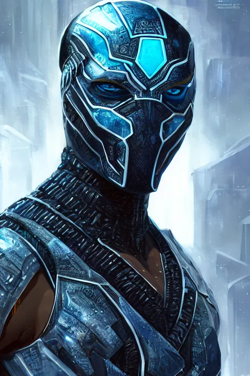 Image similar to ultra realistic illustration, wakandan warrior dressed like sub zero, snowy, hacknaut cyberpunk, sci - fi, fantasy, intricate, elegant, highly detailed, digital painting, artstation, concept art, smooth, sharp focus, illustration, art by artgerm and greg rutkowski and alphonse mucha