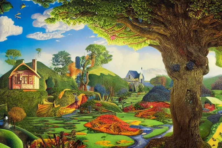 Image similar to a magical realism landscape in wonderland with house and trees by jacek yerka and salvador dali, detailed matte painting, 8 k resolution