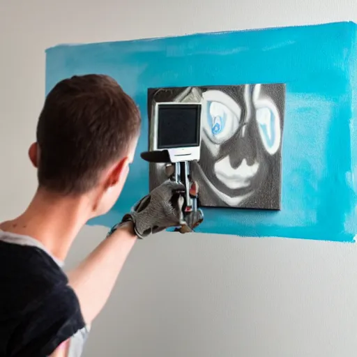 Image similar to a photograph of robot painting a picture, it looks at the camera, paint everywhere on the walls