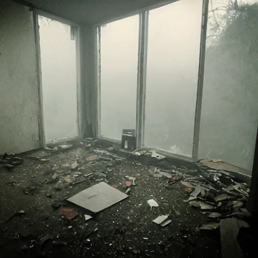 Image similar to Beautiful cameraphone, soft liminal foggy Photograph inside an abandoned estate-flat