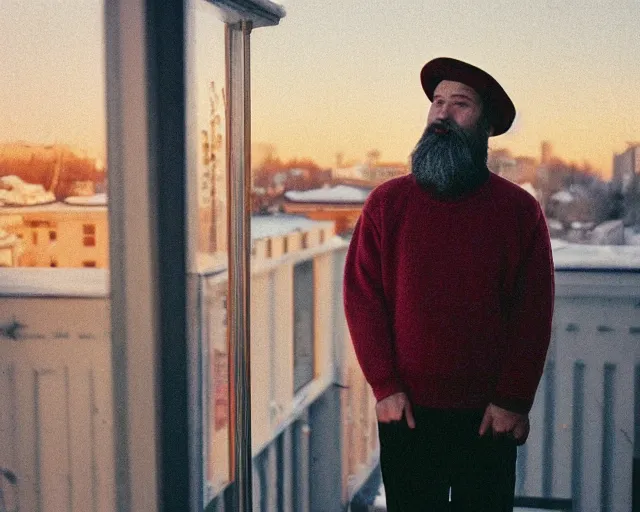 Prompt: lomographic photo of 4 0 years russian man with beard and sweater standing on small hrushevka 9 th floor balcony in taigaд looking at sunset, perfect faces, cinestill, bokeh