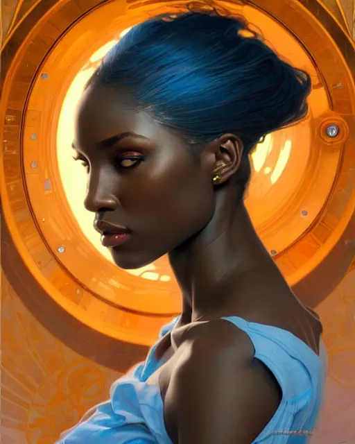 Image similar to Portrait of very very very very very very beautiful nigerian woman, spacesuit, blue eyes, real life skin, intricate, elegant, highly detailed, artstation, concept art, smooth, sharp focus, art by artgerm and greg rutkowski and alphonse mucha