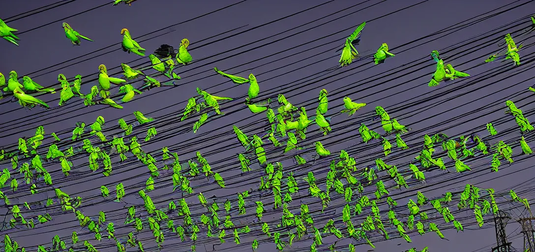 Image similar to a 3 5 mm photography at night, camera with strong flash on, of a lot of green parrots on the power lines taken by yoshinori mizutani - h 9 6 0