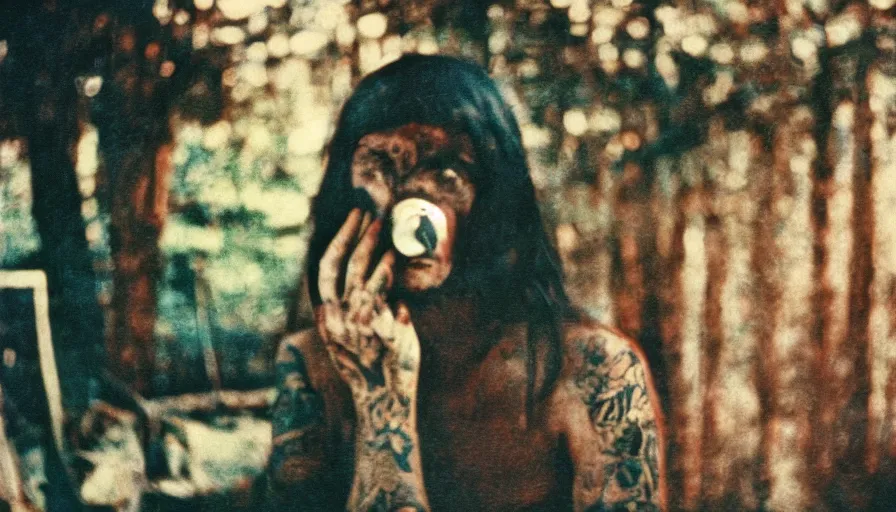 Image similar to 7 0 s film still from a horror movie about the bayou and tattoos, kodachrome, cinecolor, cinestill, film grain, film texture, retro, cinematic, high resolution, photorealism,