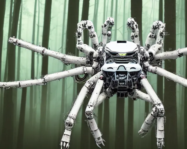 Image similar to photo of a giant huge white terminator spider with heavy duty biomechanical hydraulic cybernetic body with antennas and visor cogs and gears and components in the forest. cyberpunk horror style. highly detailed 8 k. intricate. nikon d 8 5 0 5 5 mm. award winning photography.