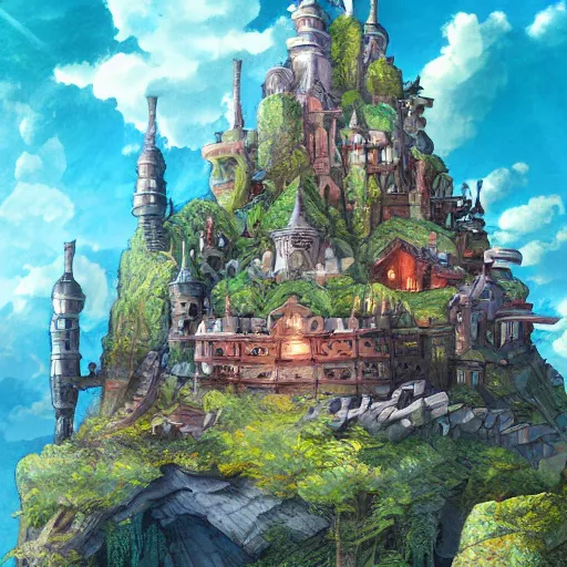 Prompt: in the middle of the fantastic wilderness stands castles, dream, ghibli, rich colors, height lighting, illustration, crazy detail, hyper - detail