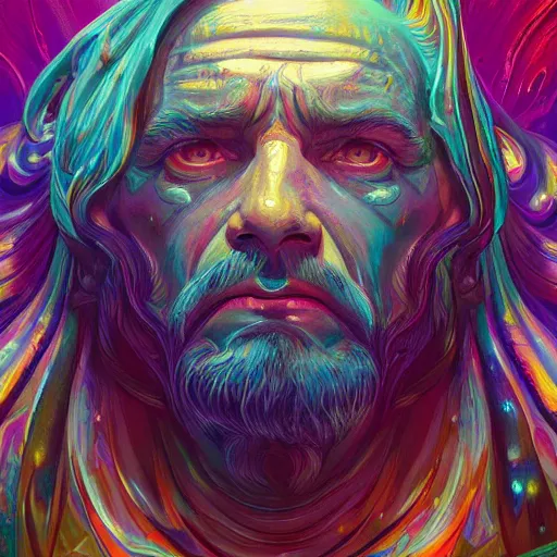 Prompt: melted zeus starring into the camera, fixed eyes, lightning, colorful, surreal, dramatic lighting, face, detailed, intricate, elegant, highly detailed, digital painting, artstation, chalk, concept art, smooth, sharp focus, illustration, art by sam spratt, dan mumford, artem demura and alphonse mucha