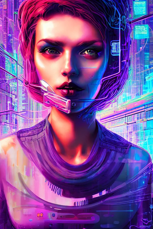 Image similar to dreamy cyberpunk girl, abstract smoke hair, digital nodes, computer network, beautiful woman, detailed acrylic, grunge, intricate complexity, by dan mumford and by alberto giacometti, anna dittmann