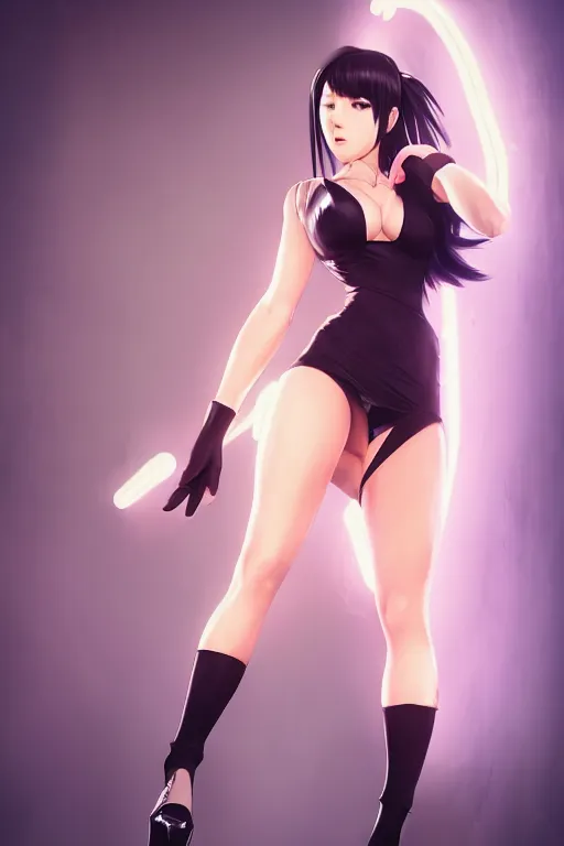 Image similar to 8 k photo of tifa lockhart, tight dress, stockings, stilettos, centered full body, highly detailed, featured on deviantart, neon lighting, artgerm, greg rutkowski, wlop, ilya kushinov, rossdraws